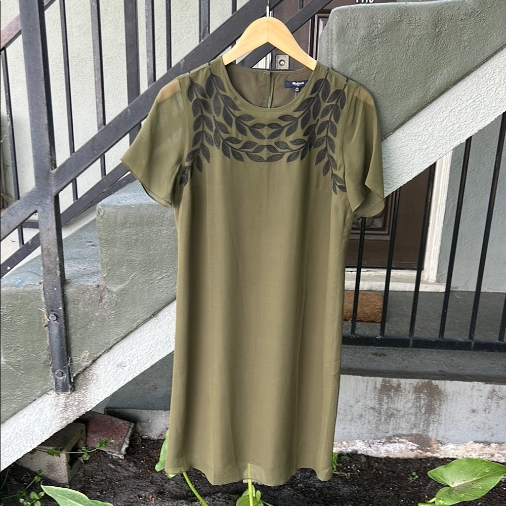 NWT Madewell Silk Shift Dress With Embroidered Leaves Olive Green Size XS